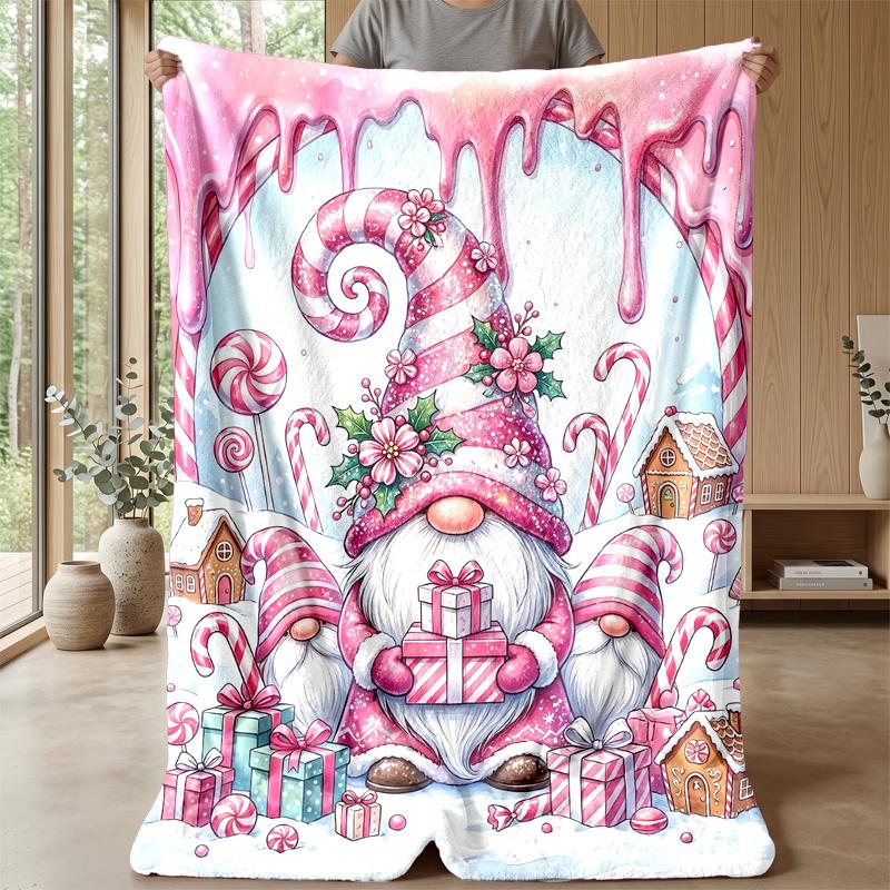 Pink Candy Christmas Gnomes Theme Blanket Lightweight Warm Flannel Blanket Decorative Throw Blanket for Home Decoration