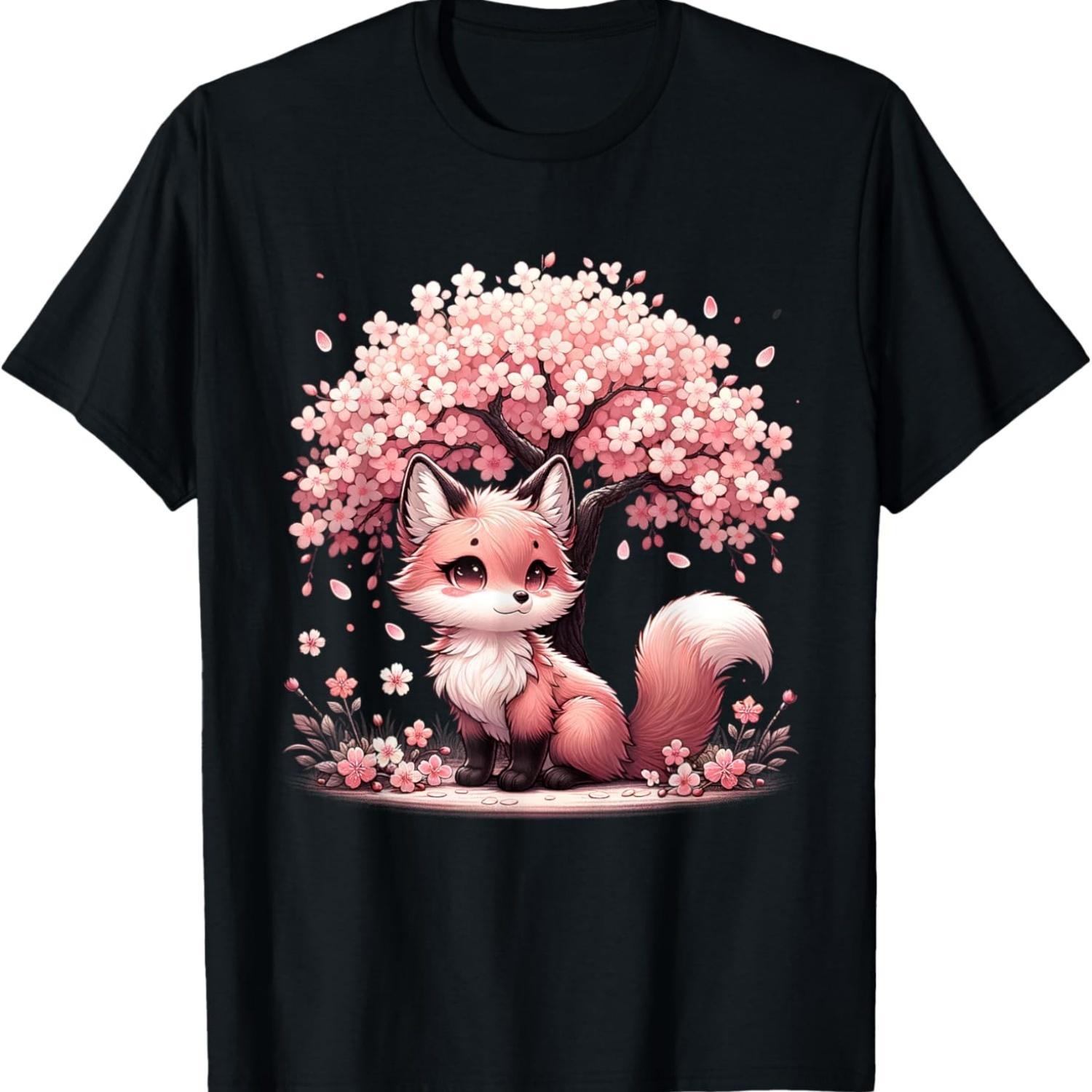 Kawaii Fox Cherry Blossom Flower Sakura Tree T-Shirt S чёрный