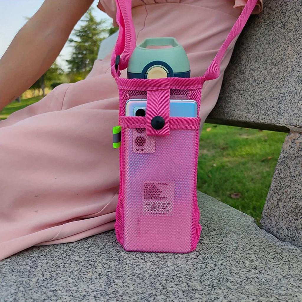 Water Bottle Mesh Cup Pouch Shoulder Carrier Mug Holder Bag Portable Mobile Phone Carry Bag for Outdoor Sports Camping