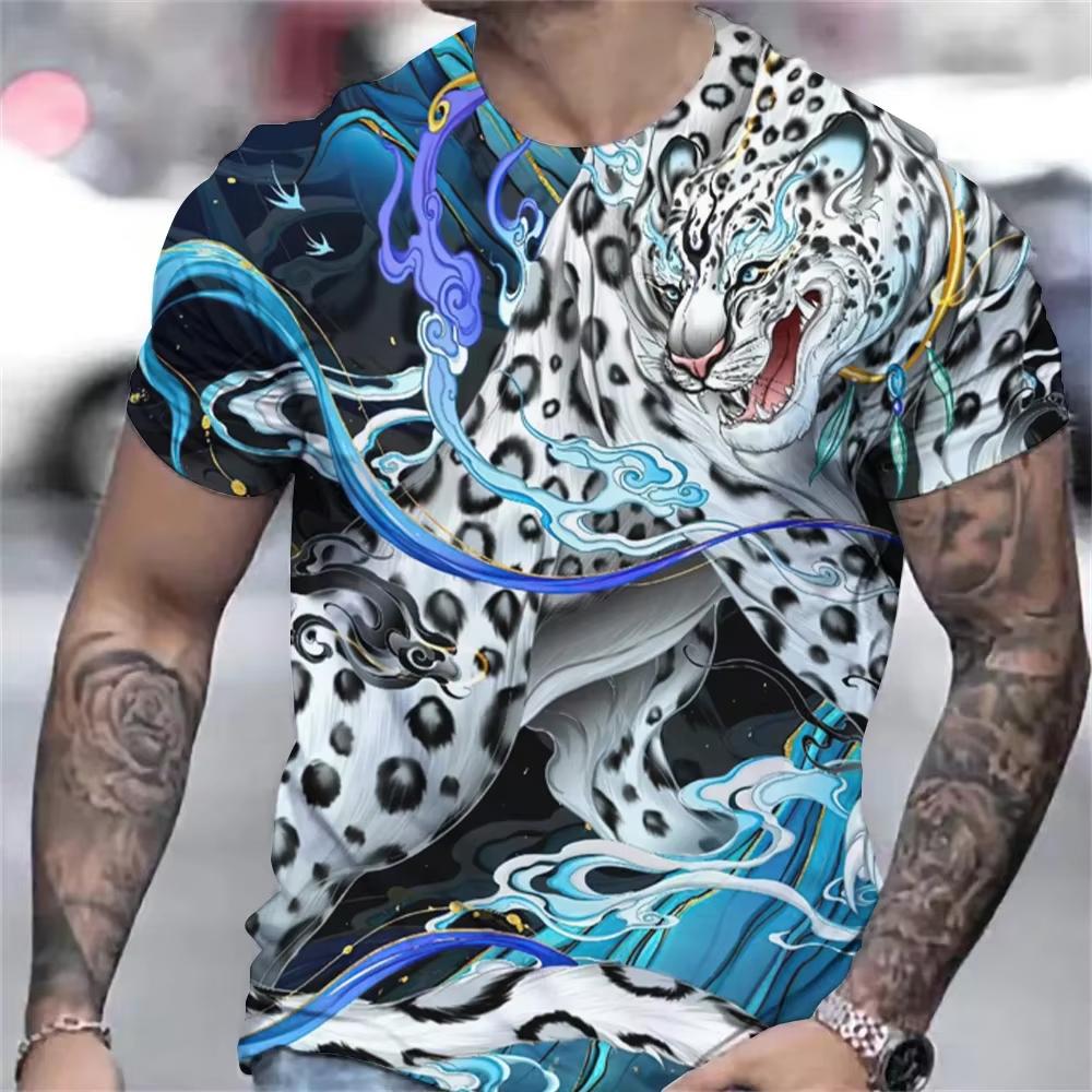 Verano Cuello Redondo 3D Animal Leopardo Tigre Patrón Estampado Top Camisetas de Hombre Casuales de Moda de Manga Corta