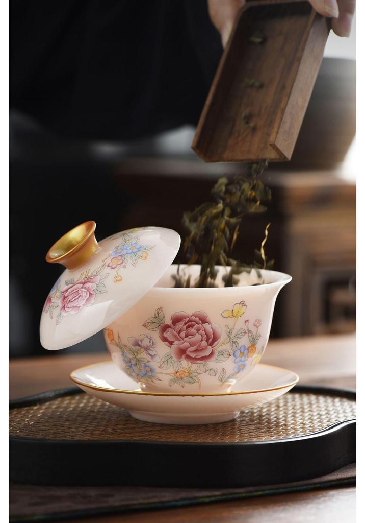 Premium Jade Porcelain Gaiwan Tea Set - Large Capacity, Three-Piece Hovering Brewer for Home Use and Souvenir Gifts