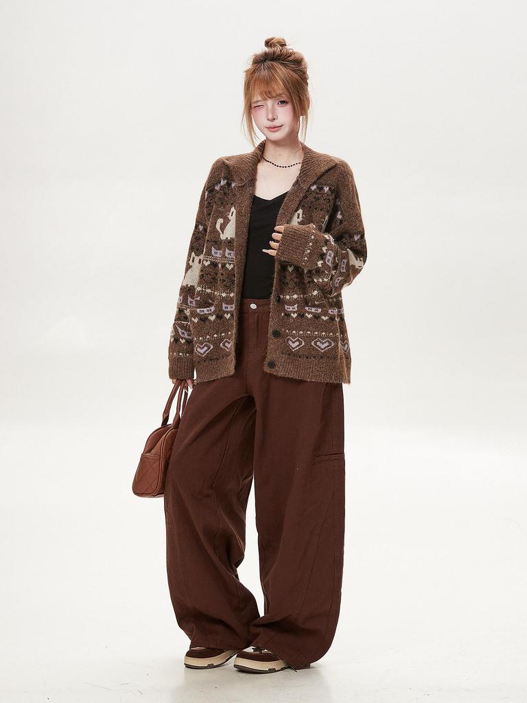 Women's Coffee Fair Isle Cat Knit Cardigan: Autumn/Winter, Loose Fit, Long Sleeve.