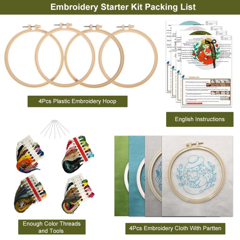 4pcs Cotton Linen Animal Styling Embroidery  Fabric  Kit Diy Material Package 20cm Bamboo Embroidery