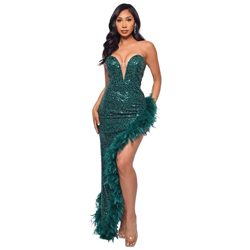 European and American Women's New Strapless Sequin Feather Dress, French Dress, High-end Elegant Long Dress
