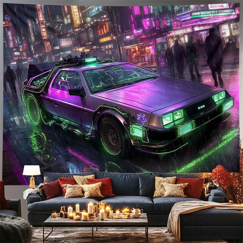 Wall Mounted Car Tapestries Banner Neon Rainy Night Cool Future Car Tapestries for Living Room Bedroom Dormitory Decoration