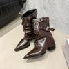 Autumn Vintage Thick Heel Women Western Cowgirl Boots Belt Buckle Ladies Elegant Slip on Mordern Mid Calf Booties