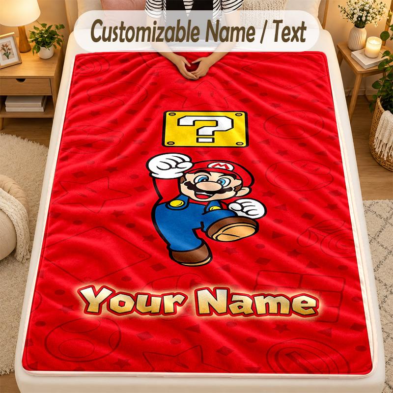 Flannel BlanketSuper Mario Custom Name Text Personalized Soft Warm Throw Blanket Home Decor Gift