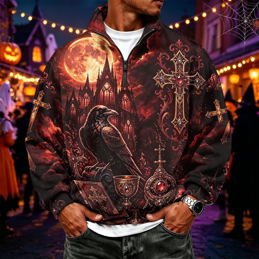 Men's Casual Flannel 1/4 Zip Long Sleeve Sweatshirt with Halloween Print