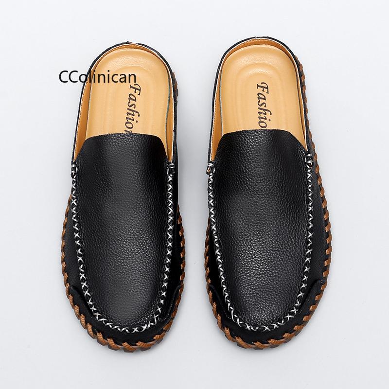 Hot Work Handmade Fashion Men Half Loafers Genuine Leather Slippers Loafer Slides Breathable Mules for Man Outdoor Lightweight