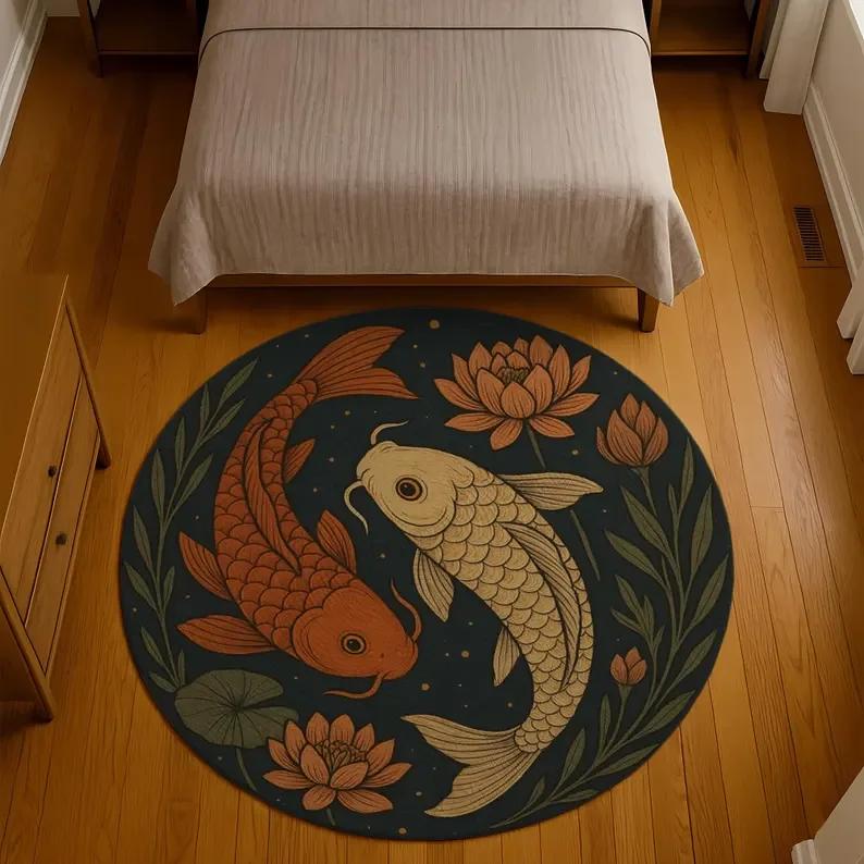 Zen Koi Fish Round Rug with Lotus and Botanical Floral Design Oriental Japanese Inspired Carpet Meditation and Living Room Decor