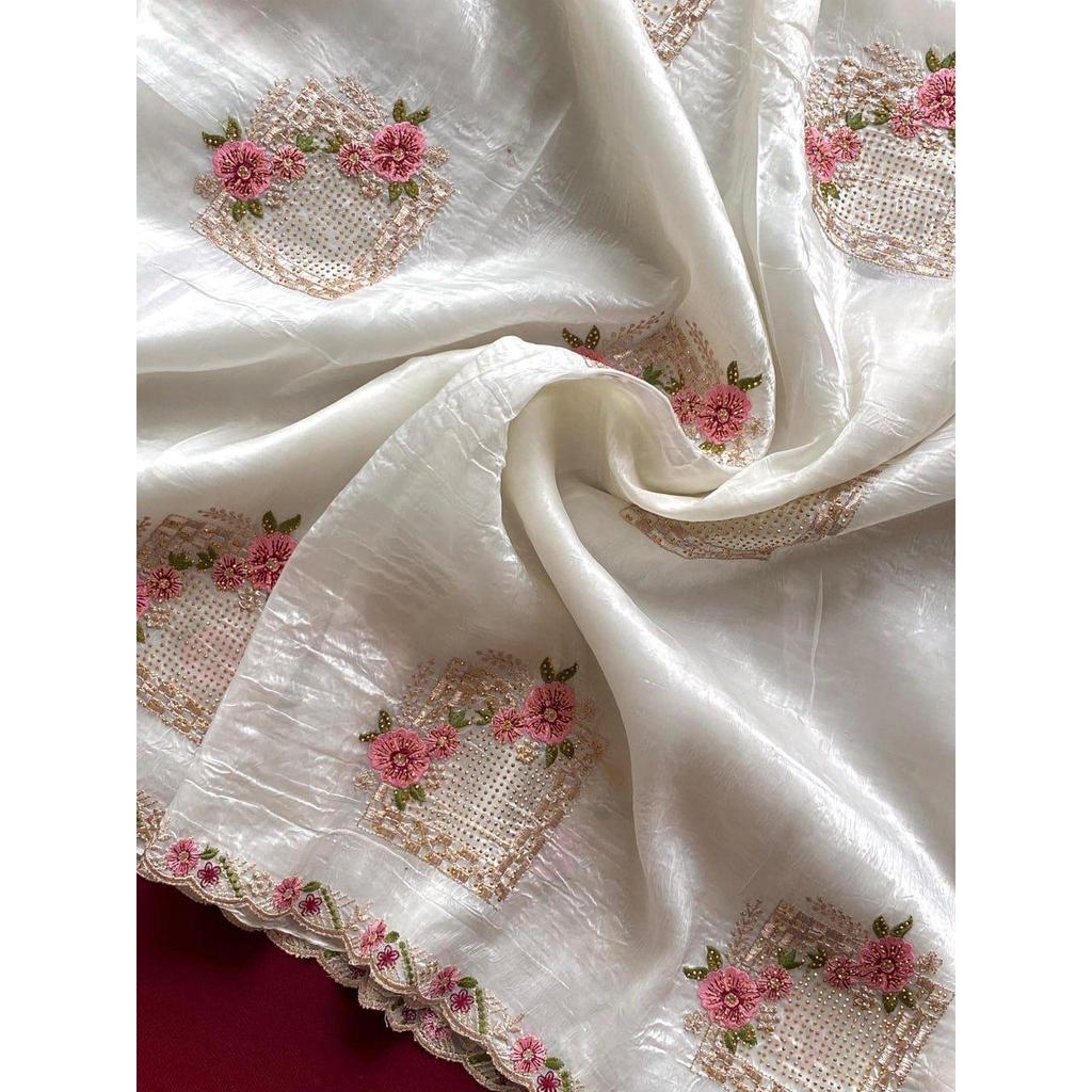 Pure Paper Silk Crush Saree  Beautiful Floral Embroidery All Over