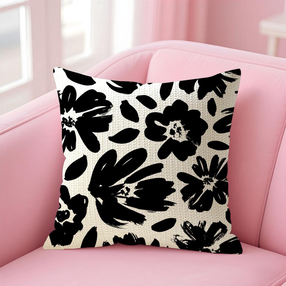Black Ink Flower Cushion Cover Natural Linen Pillow Case DoubleSided Print Decorative Sofa Pillowcase Home Decor Gift