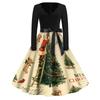 Women's Retro V-Neck Christmas Print Dress with Snowflake and Christmas Tree Pattern