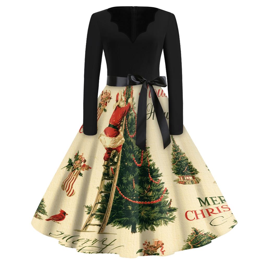 Women's Retro V-Neck Christmas Print Dress with Snowflake and Christmas Tree Pattern