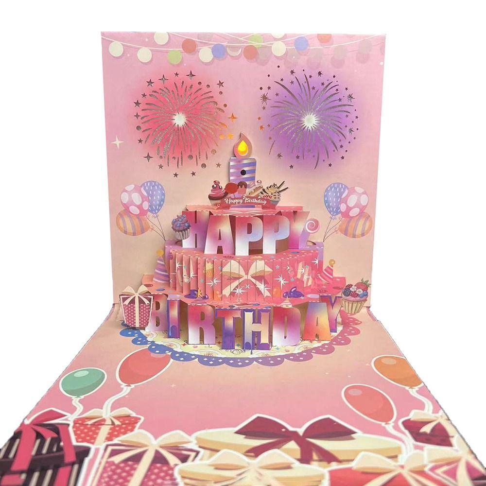 

Музыкальная и световая 3D всплывающая поздравительная открытка, выдуваемая светодиодная свеча, праздничный торт, открытки для детей розовый