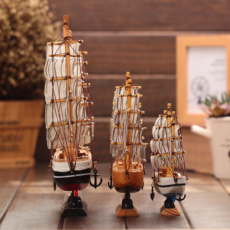 Mediterranean Style Solid Wood Sailboat Ornament for Home Decoration (16cm-50cm)