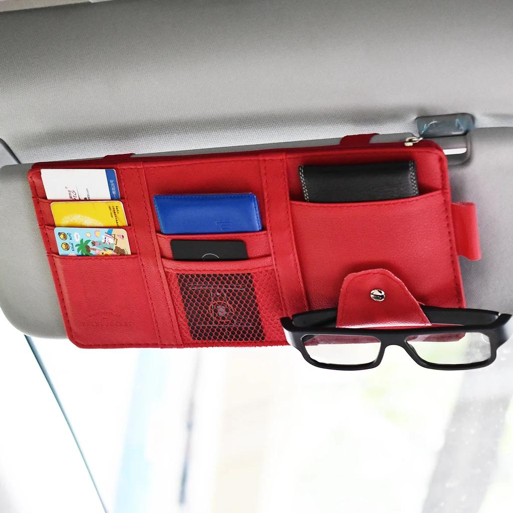 Leather Car Sun Visor Organizer Multi-Pocket Business Card Storage Management Sunglasses Holder Visor Accessories Auto Interior