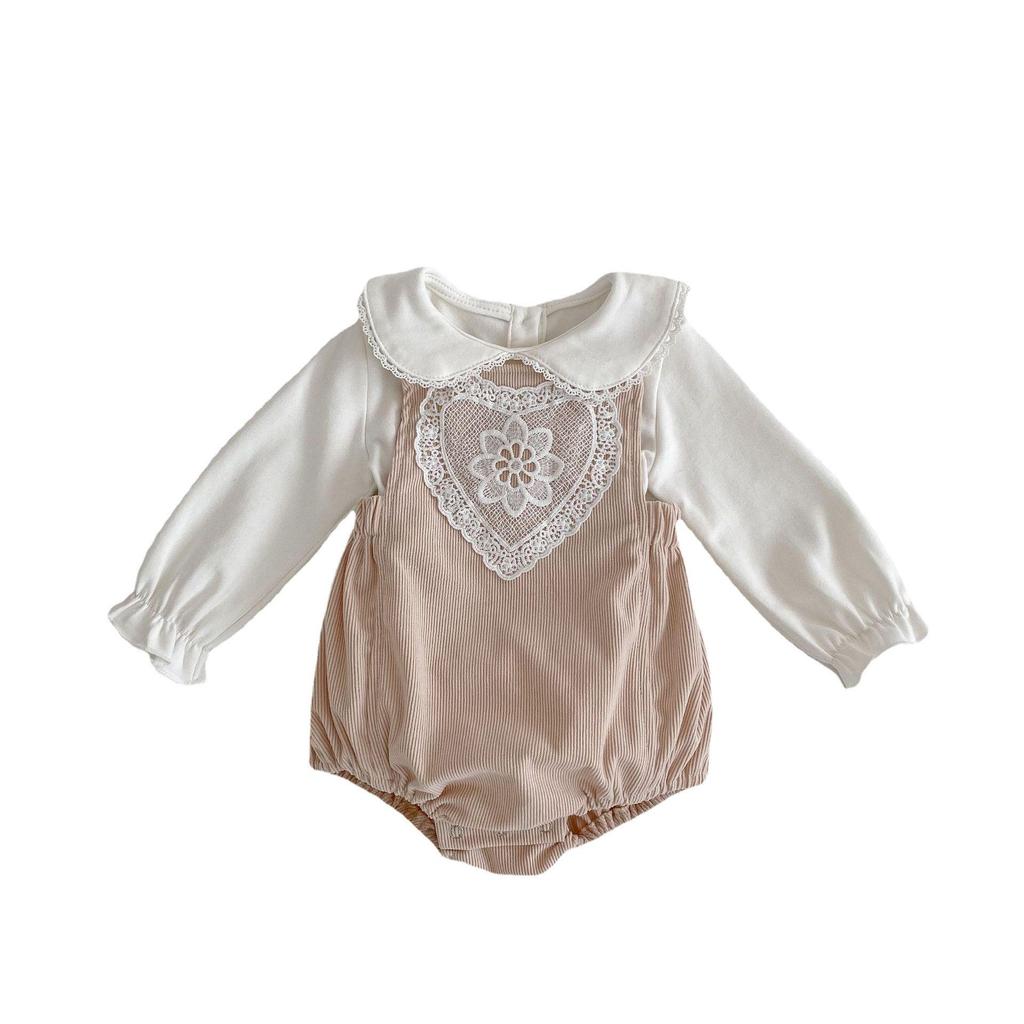 Frühling 2025 Baby Mädchen Puppenkragen Top & Spitzen-Overall Set