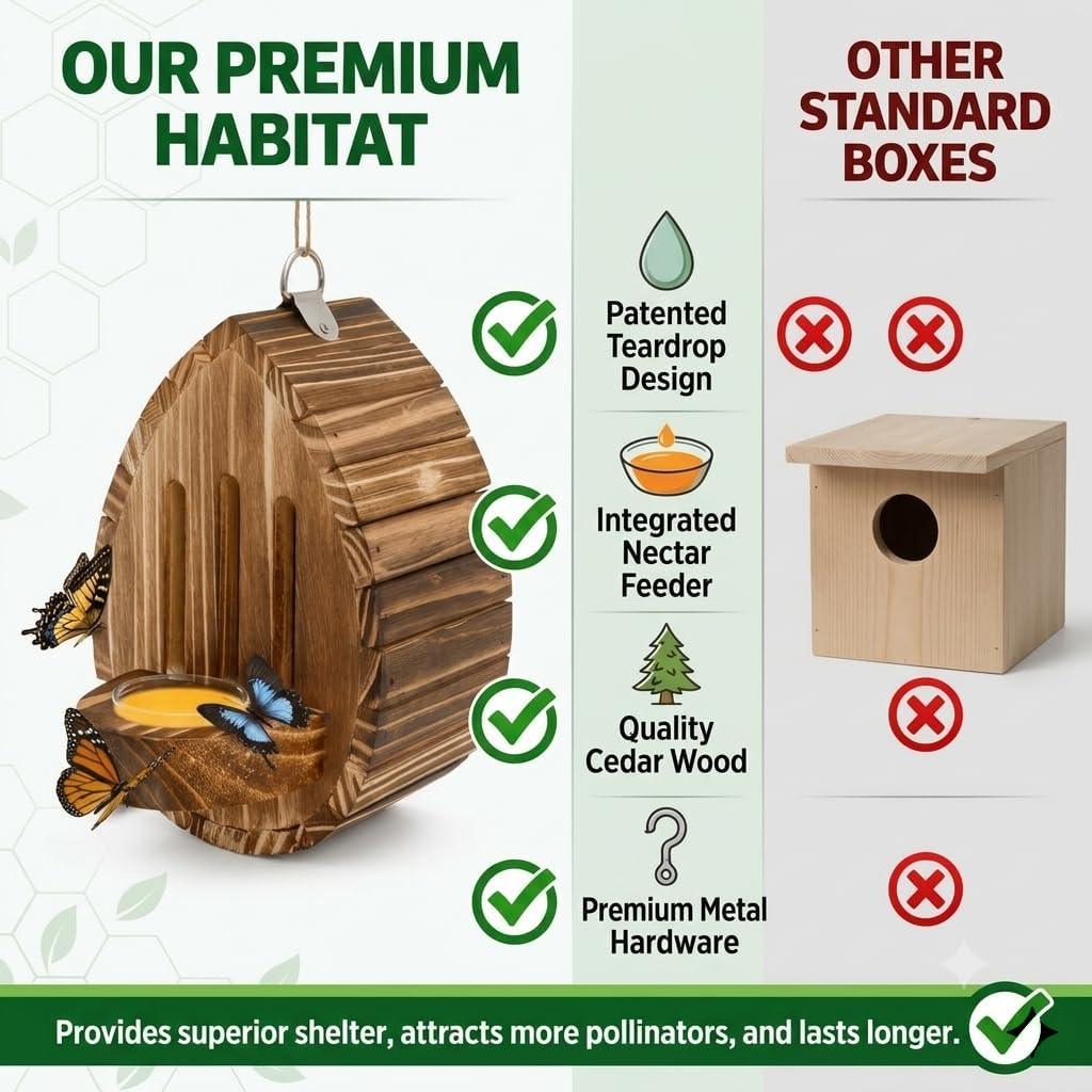 Wooden Butterfly House Habitat & Feeder for Garden Teardrop-Shaped Hanging Nesting Box for Moths & Lacewings Outdoor Backyard Decor with Rope