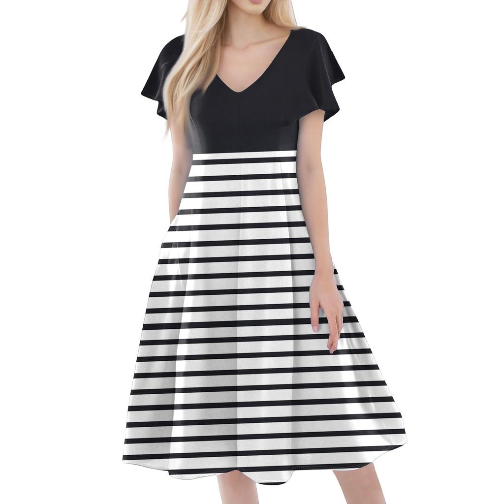 Women's Casual Fashion V-neck Short Sleeve Print Dress With Pockets