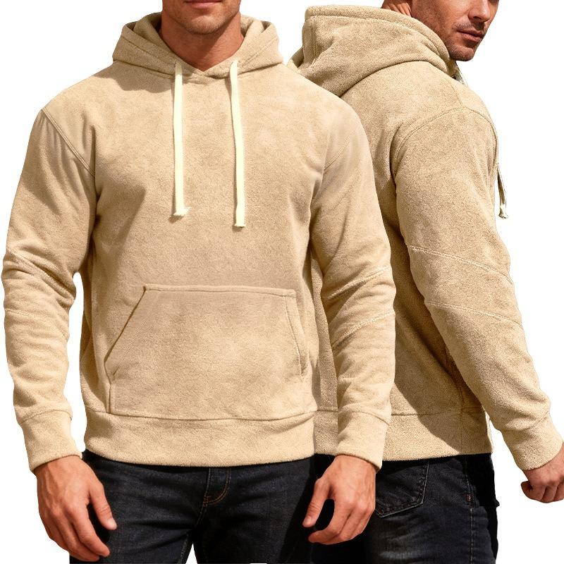Men's Solid Color Loose Fit Polar Fleece Hooded Sweatshirt, Casual Sports Commute Pullover Hoodie with Pockets for Autumn Winter