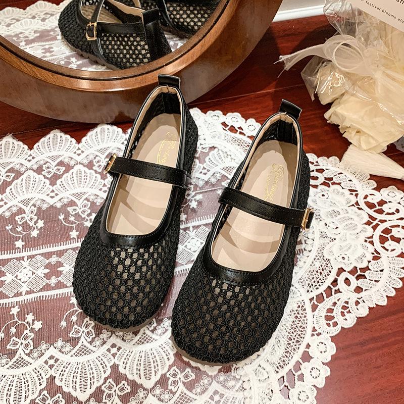 2025 summer new single shoes women's one-word buckle fishing net shoes hollow breathable Mary Jane shoes