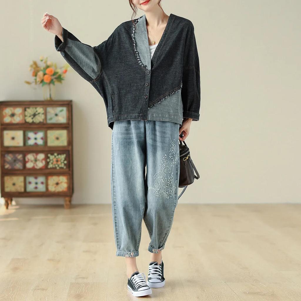 Spring Denim Cardigan   Women Vintage Denim Jacket   Long Sleeve Coat    Design Denim Jacket
