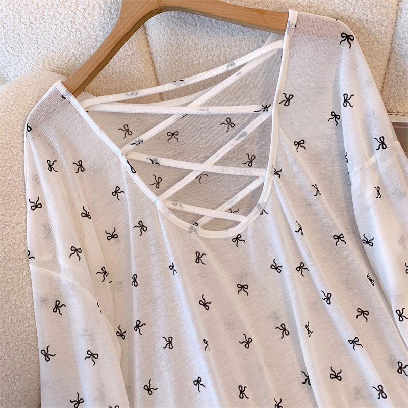 Women's Summer Long Sleeved Thin Cross Hollow Backless Top with Butterfly Print Slightly Transparent Lady T-shirt
