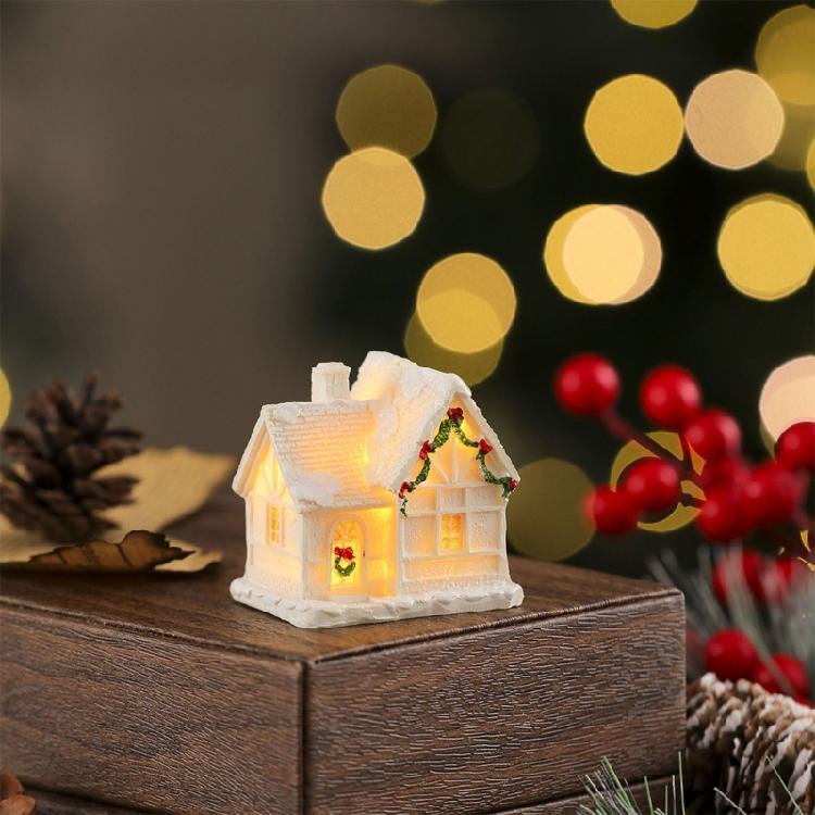 Casas de Resina em Miniatura Luz de Natal Edifício Iluminado Figura para Presente de Feriado Infantil Decoração de Festa Sazonal