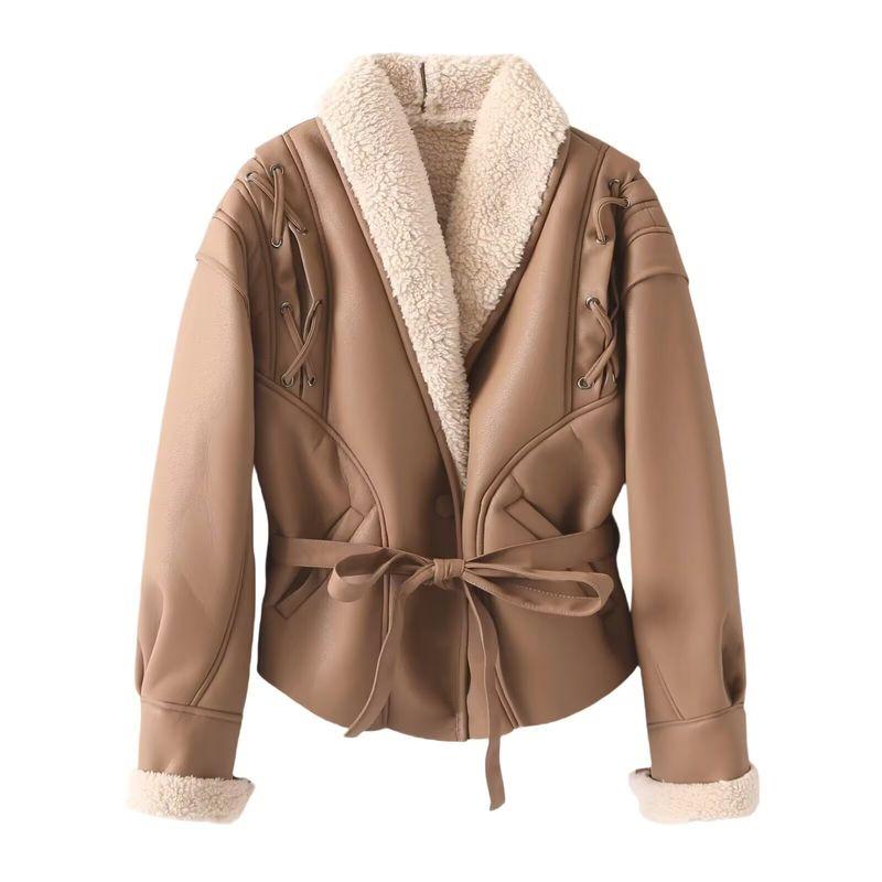 Za New Fall Women's Clothing 2025 Fashion Style Fashion Suede Faux Lamb Wool Jacket Shoelace Short Coat