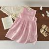 Nouvelle Robe d'Été Version Coréenne Rose Douce et Mignonne 100% Coton pour Fille de 3-7 Ans Col Rond Sans Manches Plissée Dentelle