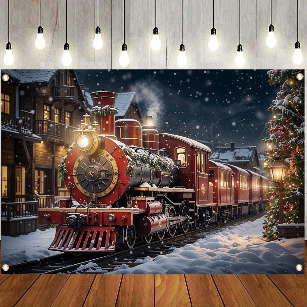 1 piece Merry Christmas polyester background banner a red train design for a snowy winter night family holiday party 100x150cm