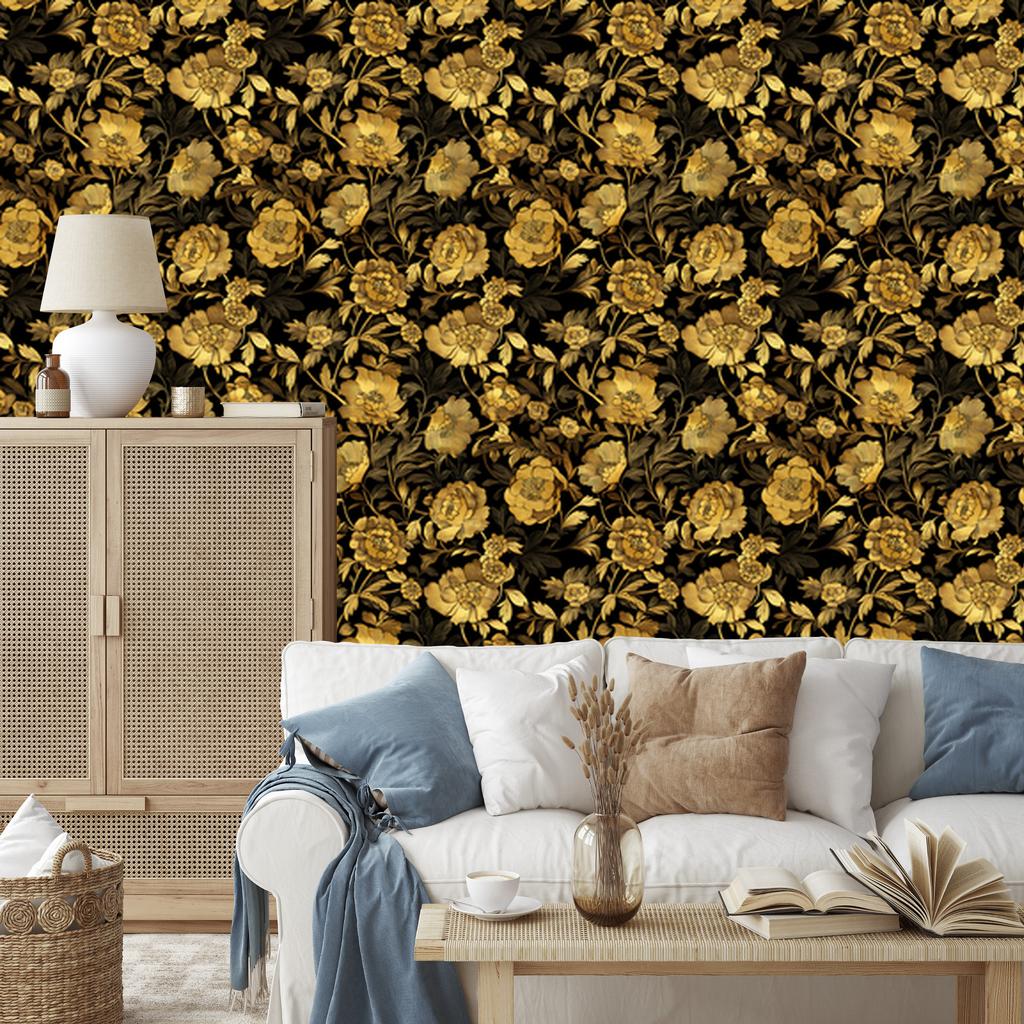 Golden Hibiscus Wallpaper Ochre and Gold, Subtle Detail 50x1000