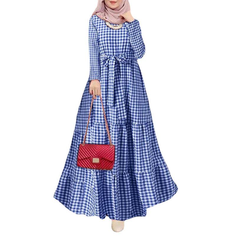 Plaid Round Neck Full Sleeve Loose Dress with Belt