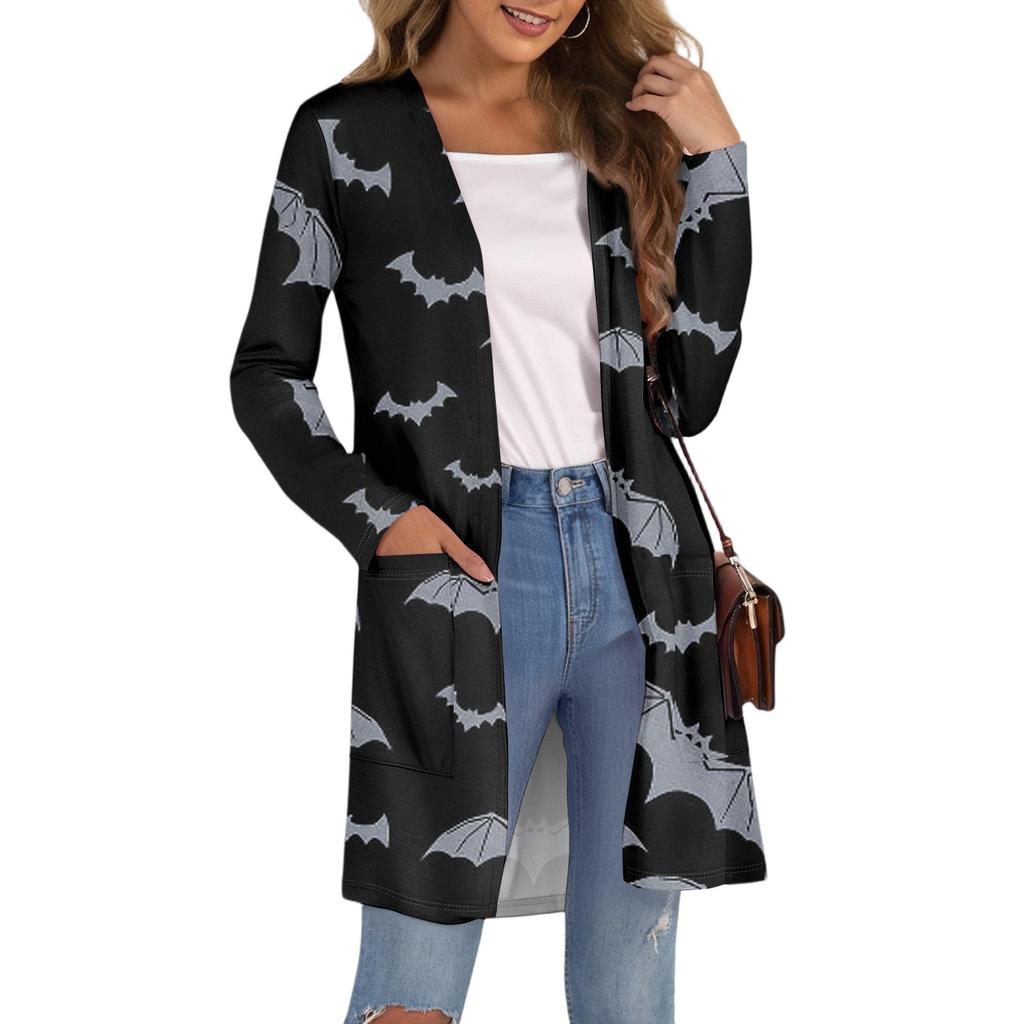 Women's Fashion Casual Comfortable Halloween Printed Mid-Length Cardigan With Pockets Jacket