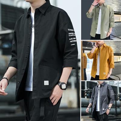Summer Spring Men Shirt SIngle-breasted Loose Cardigan Pockets Solid Color Soft Breathable Turn-down Collar Three Quarter Sleeves Cargo Shirt Coat
