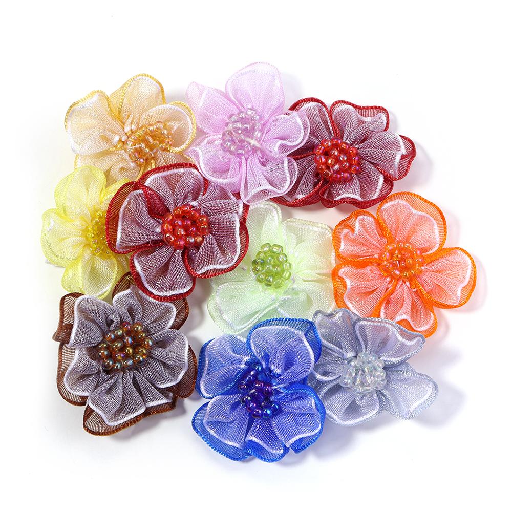 10pcs 3cm Gauze Artificial Flowers Colorful Double Layer Flower Head For DIY Handmade Wedding Party Clothing Headwear Decoration