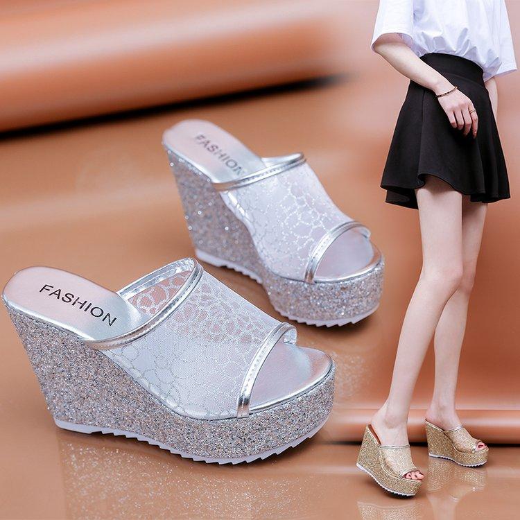Fashion Bling Golden Women Slippers Summer Shoes Platform 4cm Outside Fitting-room 11cm High Heels Wedges Solid Mesh Female Sliver Shoes