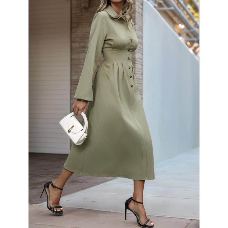 New Autumn Lapel Waisted A-line Skirt Commuter Long-sleeved Button-up Shirt Dress