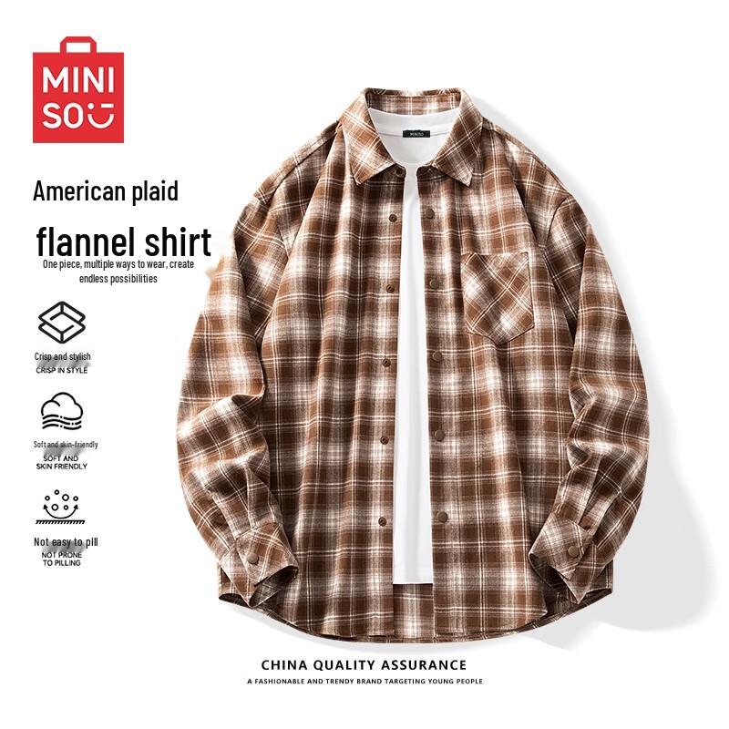 MINISO Men's Retro Plaid Flannel Long Sleeve Shirt Jacket
