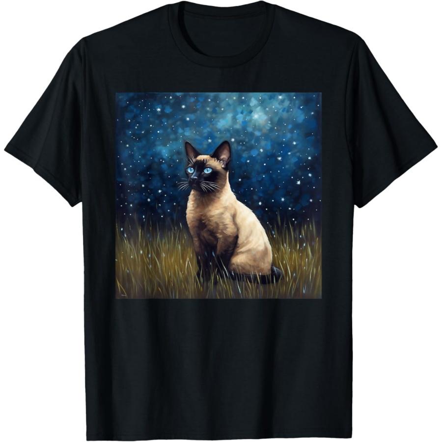 Cute Siamese Cat In A Starry Sky Night Painting T-Shirt S