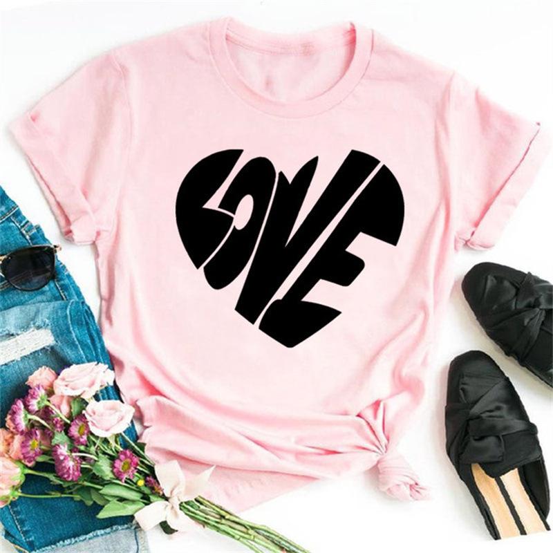 Classic Summer Crewneck T-shirt for Women - Short Sleeve Top with Romantic Love Heart Design