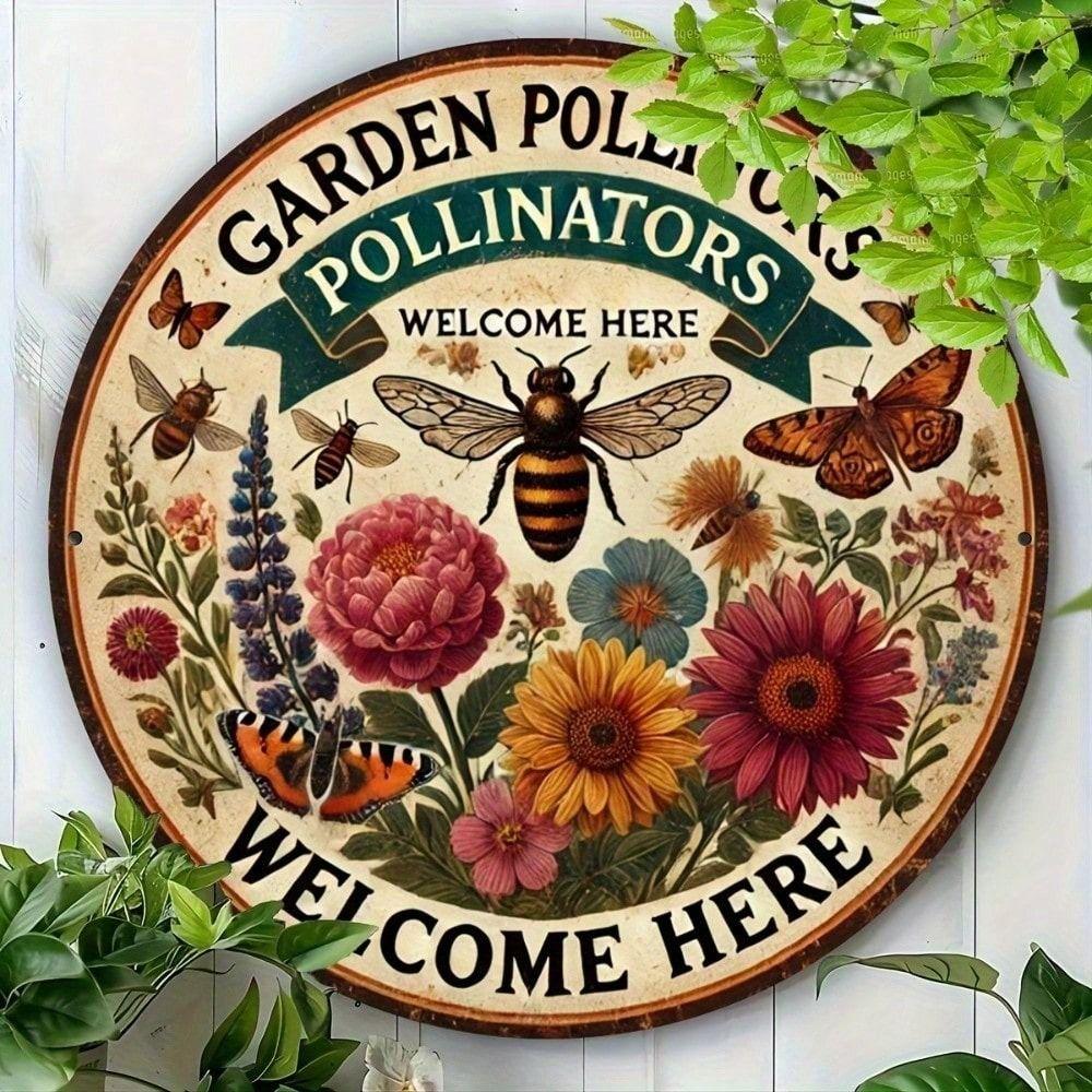 Vintage Metal Tin Sign Bee Wall Art, Round Decor Plate 20cm for Home Garden
