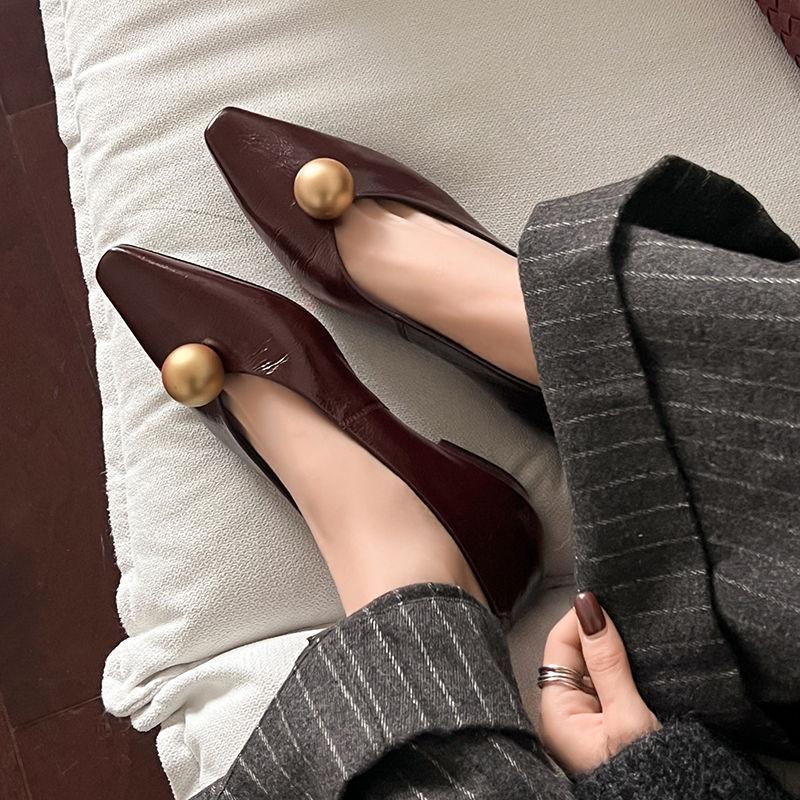 2025 hand-scratched cowhide shallow mouth single shoes women's low-heeled shoes early spring new leather square head round ball fashion leather single