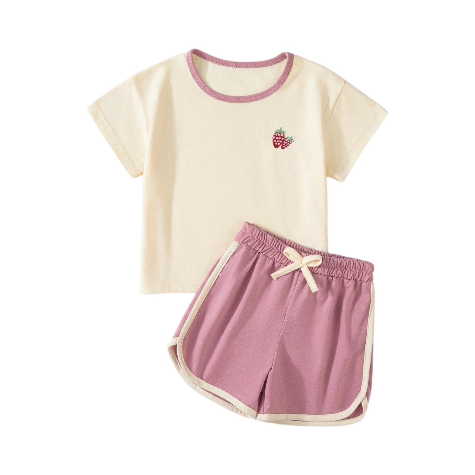 

Boys Embroidered Set - Cartoon Print Short Sleeve & Shorts 110 рожевий