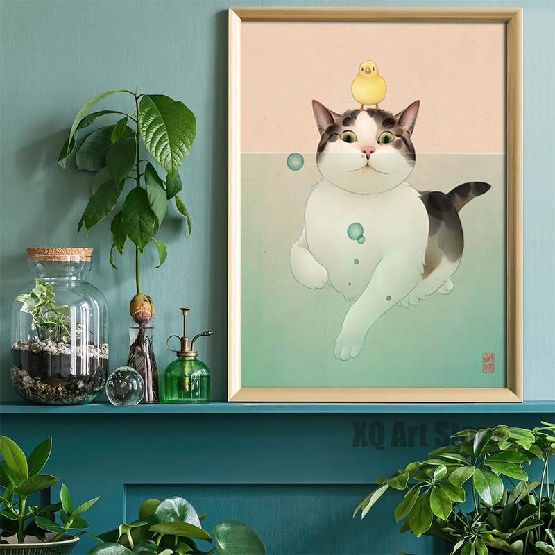Arte de animais engraçados adoráveis, gato brincando com peixes na água, pôster, pinturas em tela, impressão, arte de parede, imagem para casa