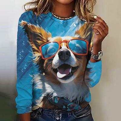 Damen T-Shirt mit Cartoon-Muster, süßem Welpen-Tier-Print, ultradünn, atmungsaktiv, Rundhalsausschnitt, langärmelig, lässiger Pullover für zu Hause