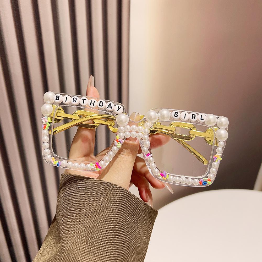 

Квадратные очки, персонализированная большая оправа с бриллиантами, плоские очки в стиле хип-хоп с забавным жемчугом. White film