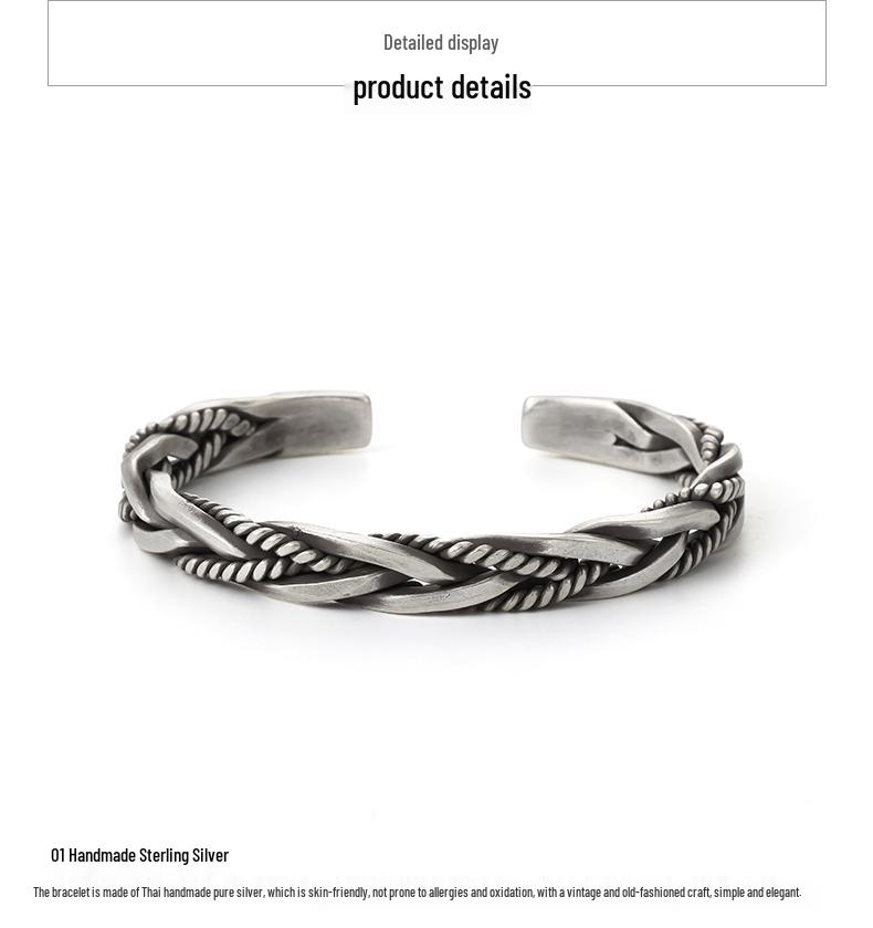 Retro Braided Open Bangle: S925 Silver Plated Unisex Bracelet - Trendy Heavy Industry Design