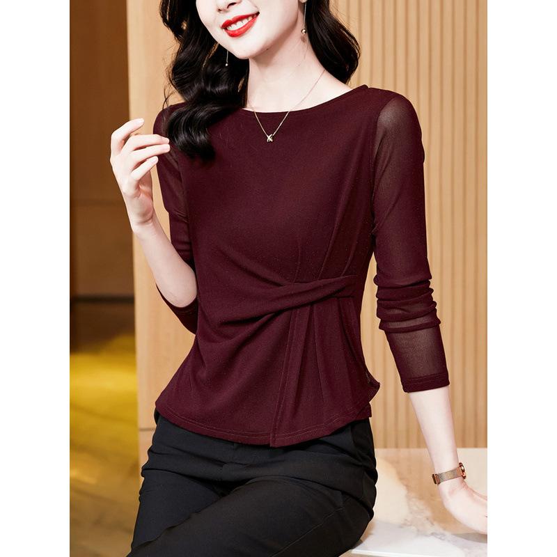Mesh Long-sleeved T-shirt for Women in Autumn New Fashion Slim Shirt Waist Lace Top